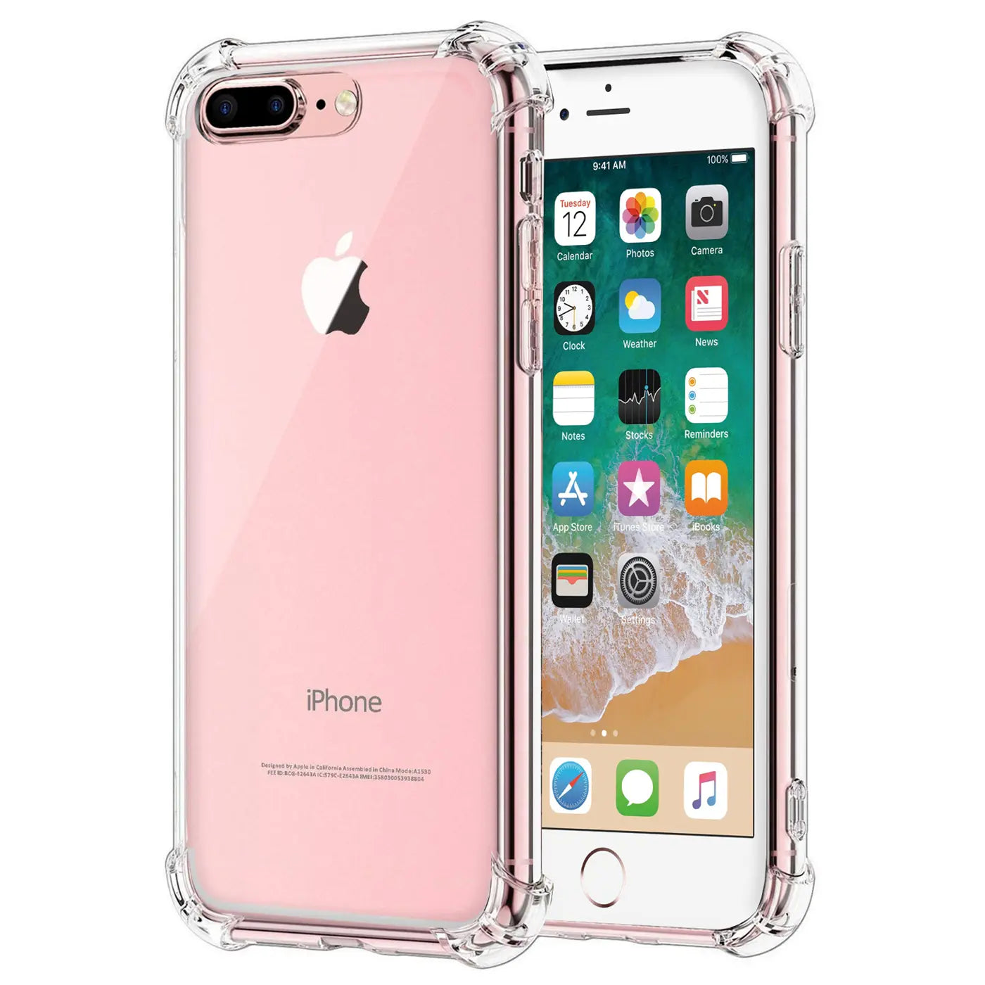 Transparente Hülle aus Kunststoff mit verstärkten Ecken um ein rosafarbenes iPhone 7 Plus / 8 Plus.