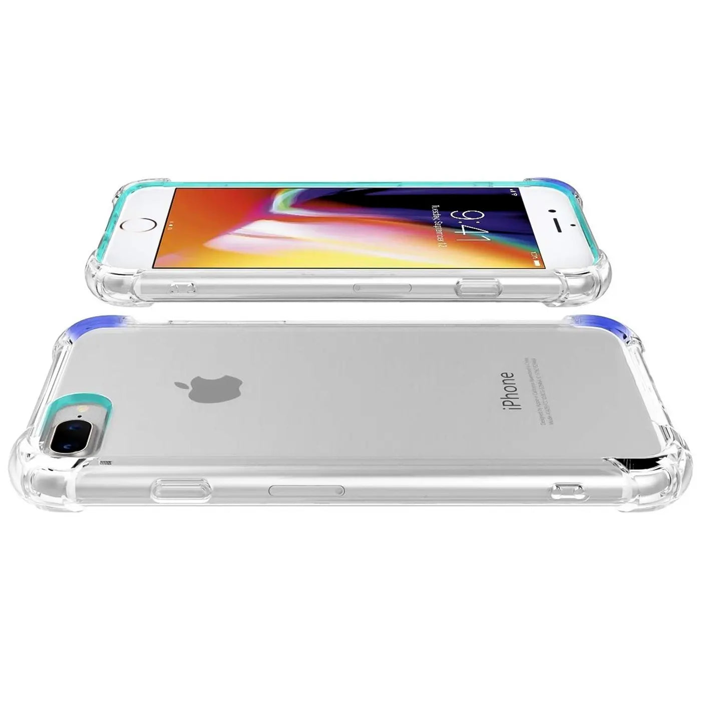 Zwei iPhone 7 Plus/8 Plus in transparenten Hüllen mit blauen und grünen Akzenten, Seitenansicht.