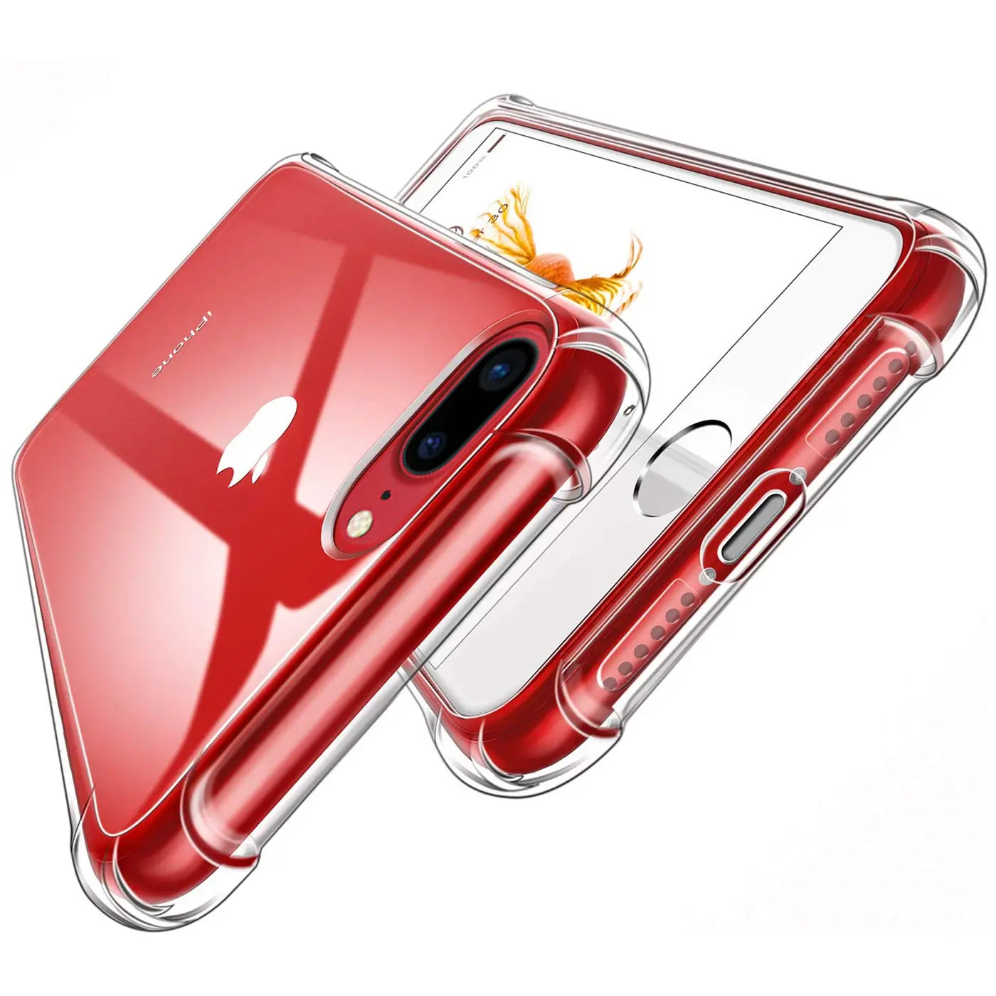 Rotes iPhone 7 Plus/8 Plus in klarer Hülle, Seitenansicht, transparentes Material