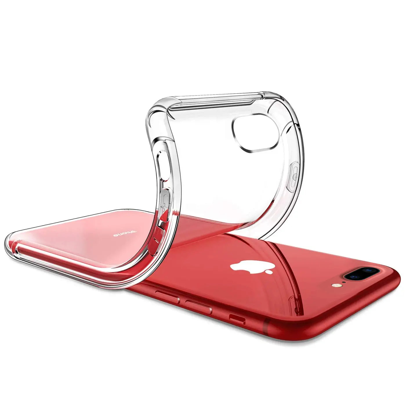 Transparente Silikonhülle auf rotem iPhone 7 Plus/8 Plus, Draufsicht.