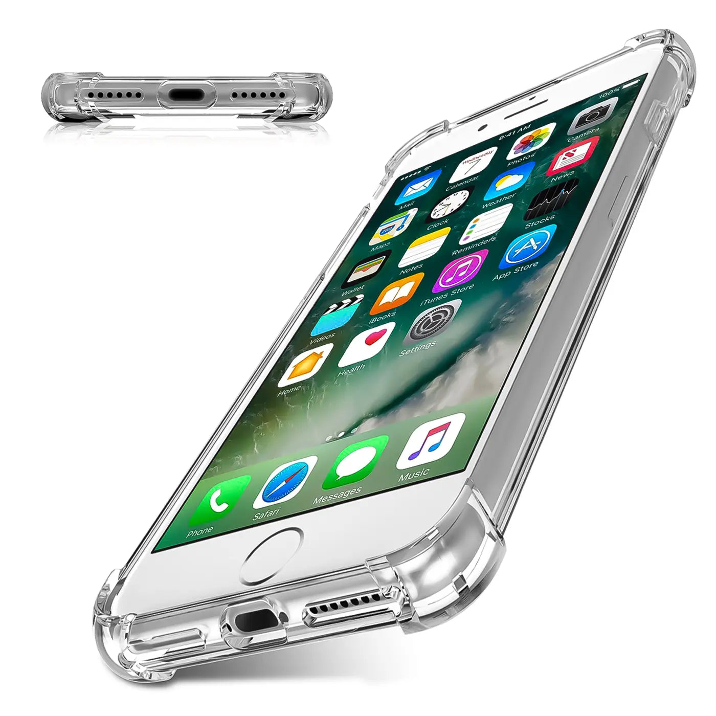 iPhone 7 Plus/8 Plus in klarer Hülle, von schräg unten, transparentes Material