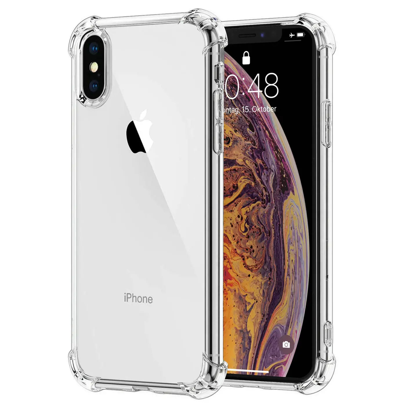 Transparente, stoßfeste Hülle aus Kunststoff um ein iPhone X/XS, von vorne und hinten gezeigt.