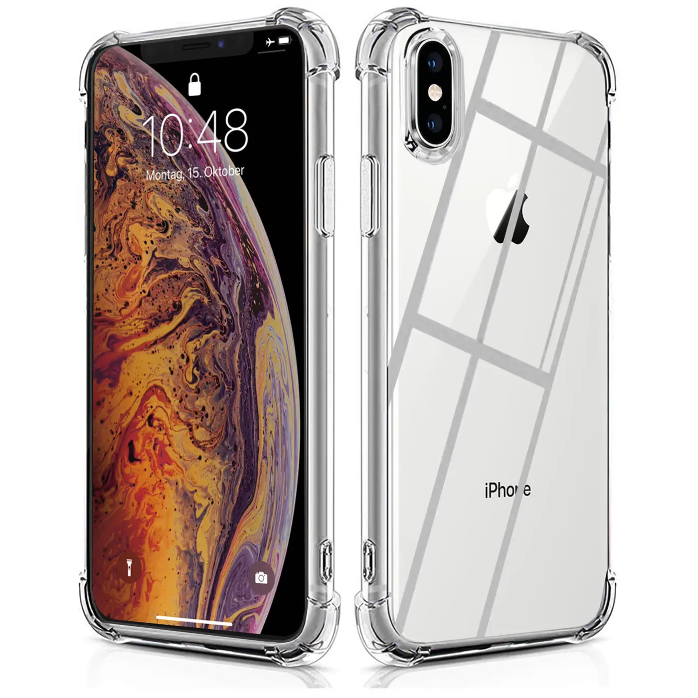 Transparente Silikonhülle mit verstärkten Ecken für iPhone X/XS, Seitenansicht und Rückansicht.