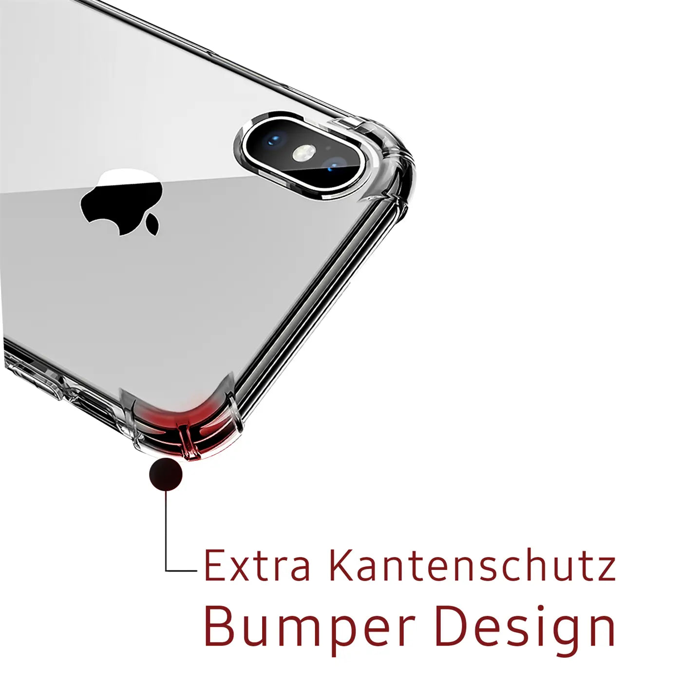 Transparente Hülle mit rotem Kantenschutz an einem iPhone X/XS, Nahaufnahme von unten links.