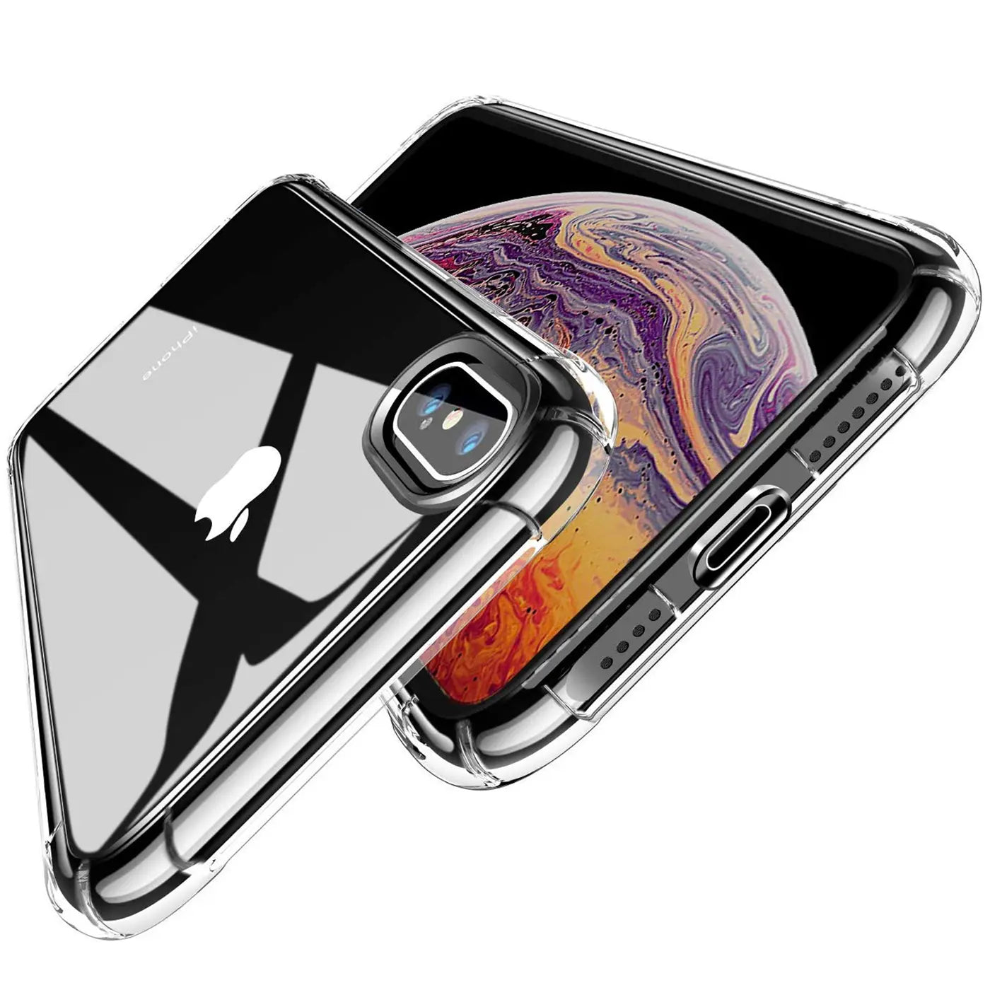 Klar, stoßfeste Hülle aus Kunststoff, schräg von oben, auf iPhone X/XS