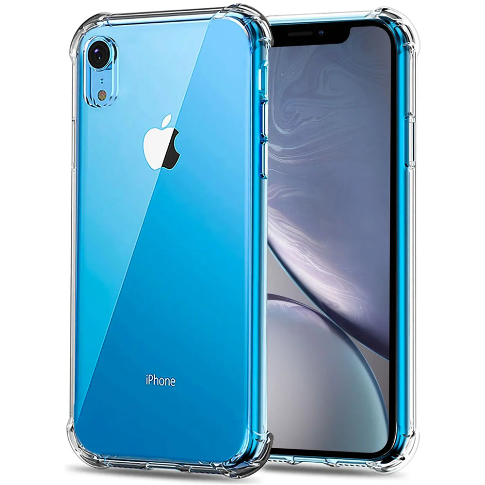 iPhone XR in transparenter Hülle, Rückseite blau, von vorne und hinten gezeigt, aus Kunststoff.