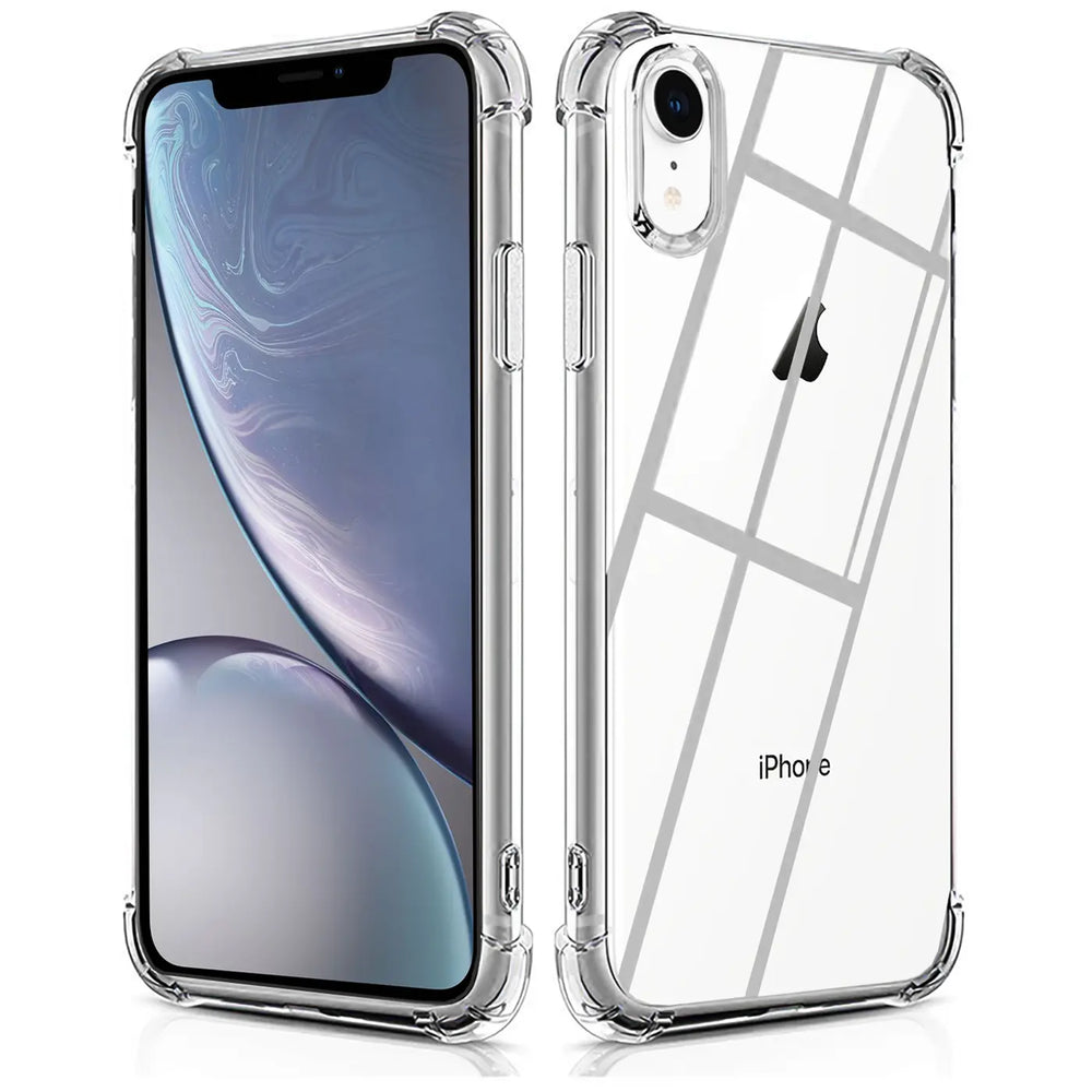 iPhone XR in klarer, stoßfester Hülle, Vorder- und Rückansicht, aus Kunststoff.