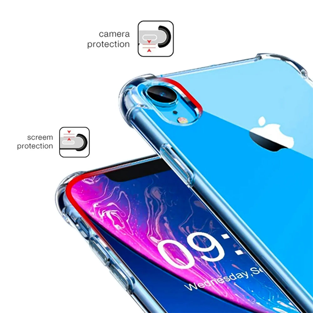 Klar, hier ist der ALT-Text:

Transparente Hülle aus Kunststoff, schützt iPhone XR. Nahaufnahme, von oben.