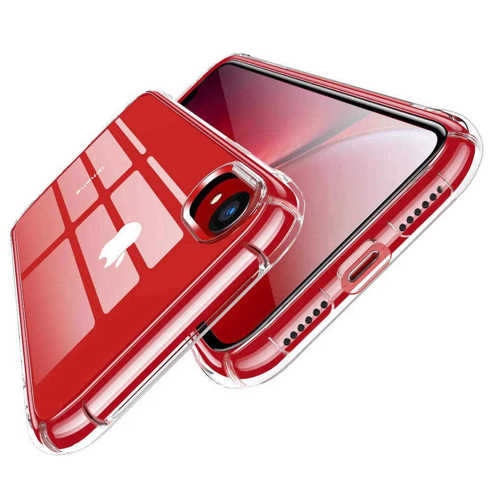Transparente Hülle aus Kunststoff auf rotem iPhone XR, Seitenansicht.