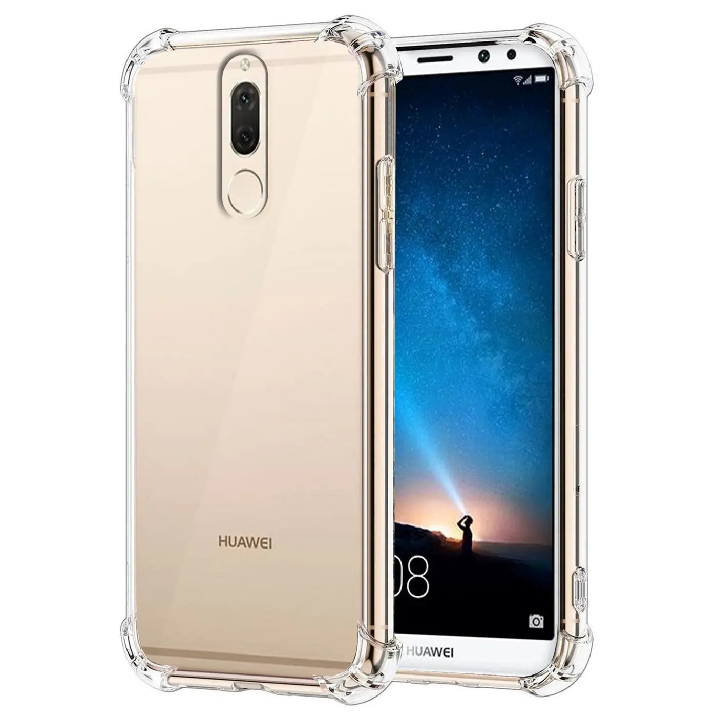 Klar Hülle aus TPU mit verstärkten Ecken, zeigt Huawei Mate 10 Lite von vorne und hinten.
