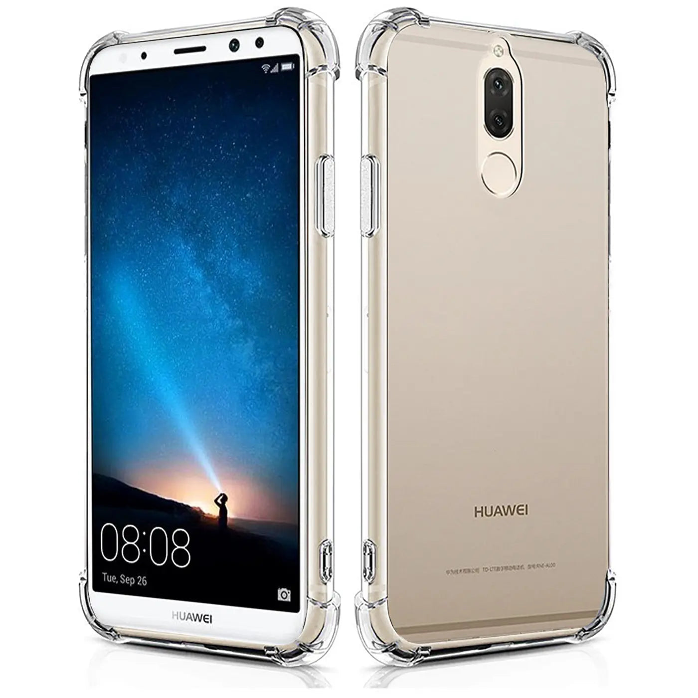 Klar, transparentes TPU-Case mit verstärkten Ecken, zeigt Huawei Mate 10 Lite von vorne und hinten.