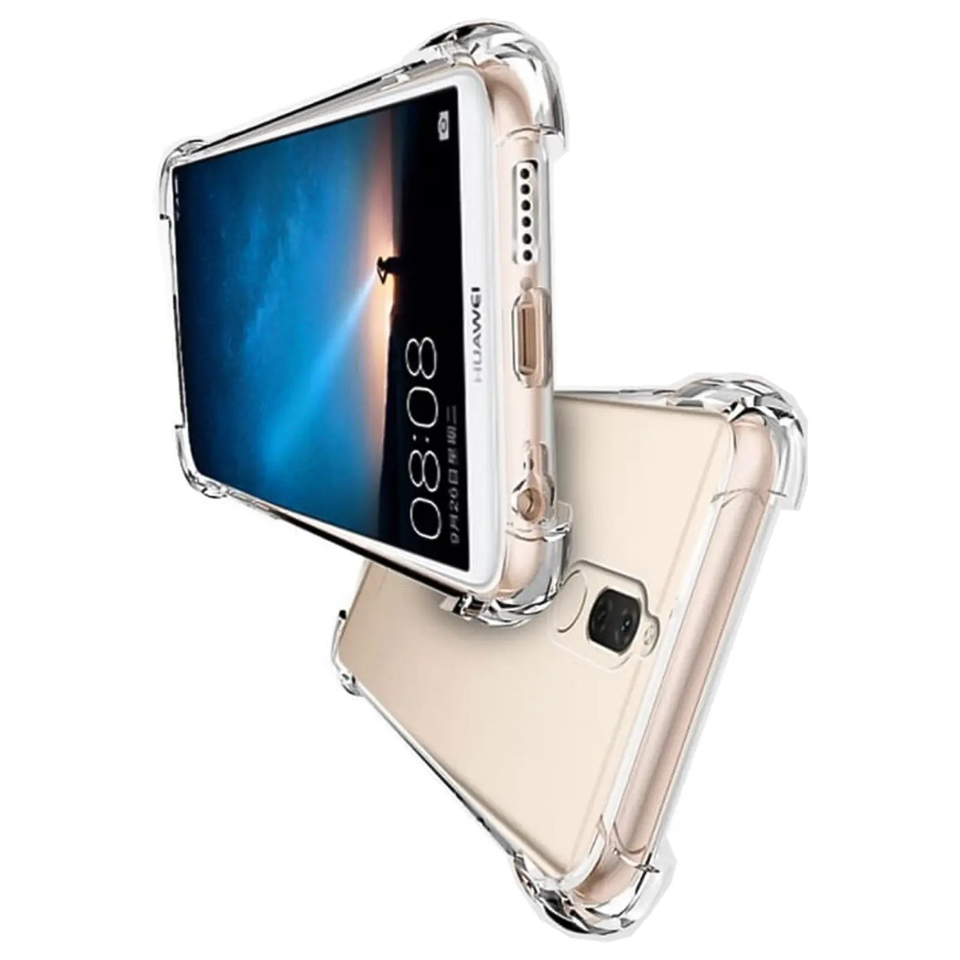 Klar, stoßfeste Hülle aus transparentem Kunststoff um ein Huawei Mate 10 Lite, von schräg vorne.