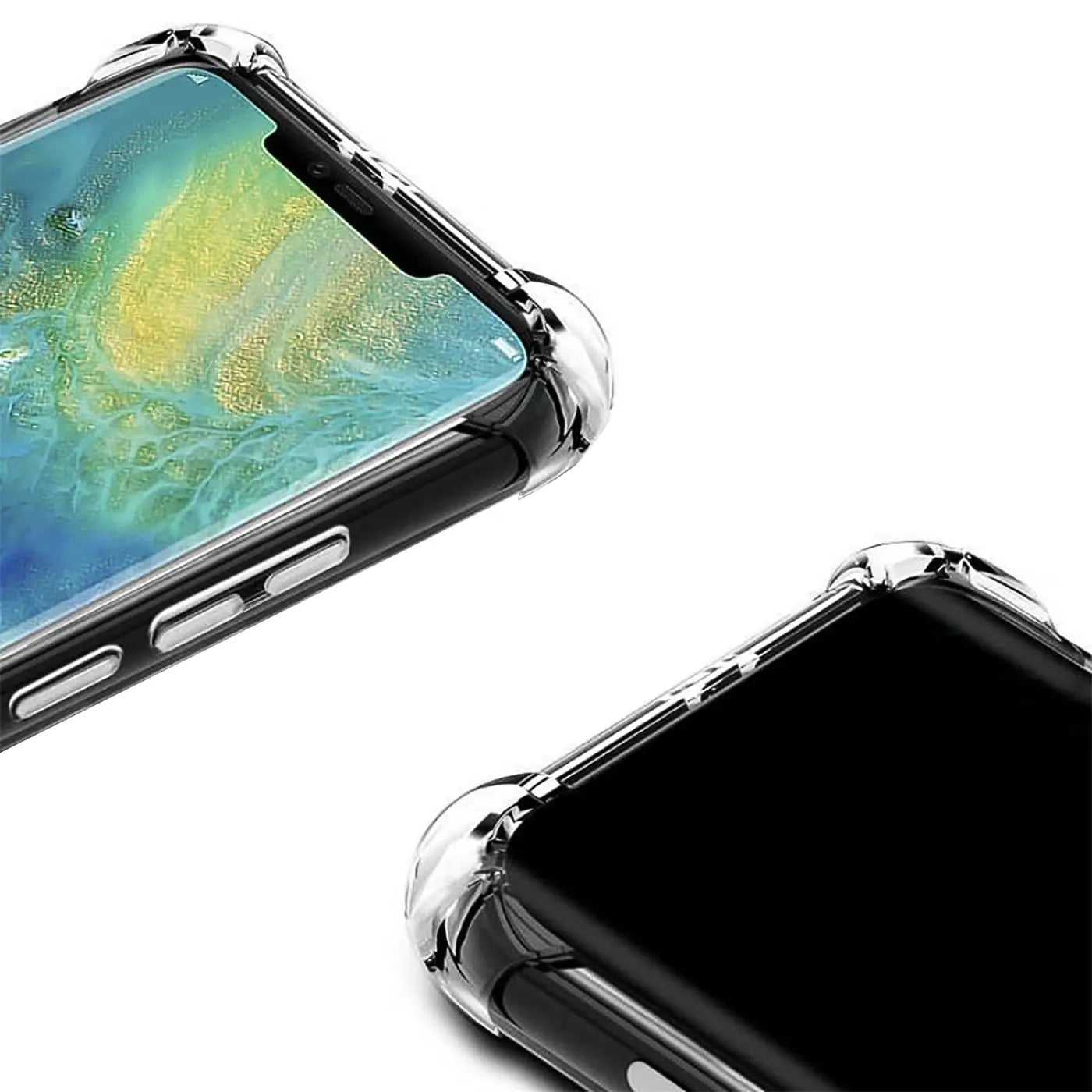 Klarer, stoßfester Hülle aus TPU, zeigt Huawei Mate 10 Lite, Nahaufnahme.