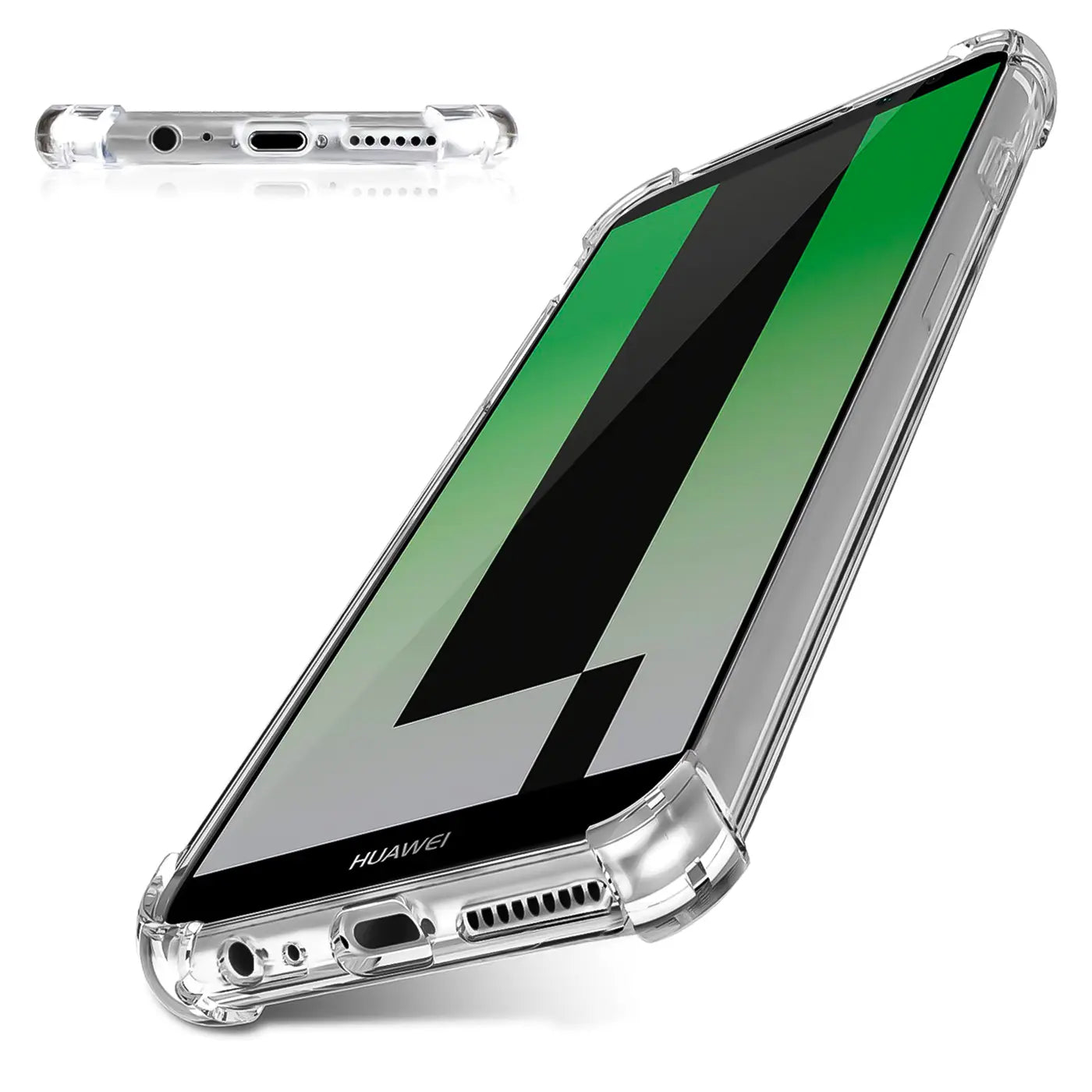 Klar, stoßfeste Hülle aus transparentem Kunststoff für Huawei Mate 10 Lite, Seitenansicht.