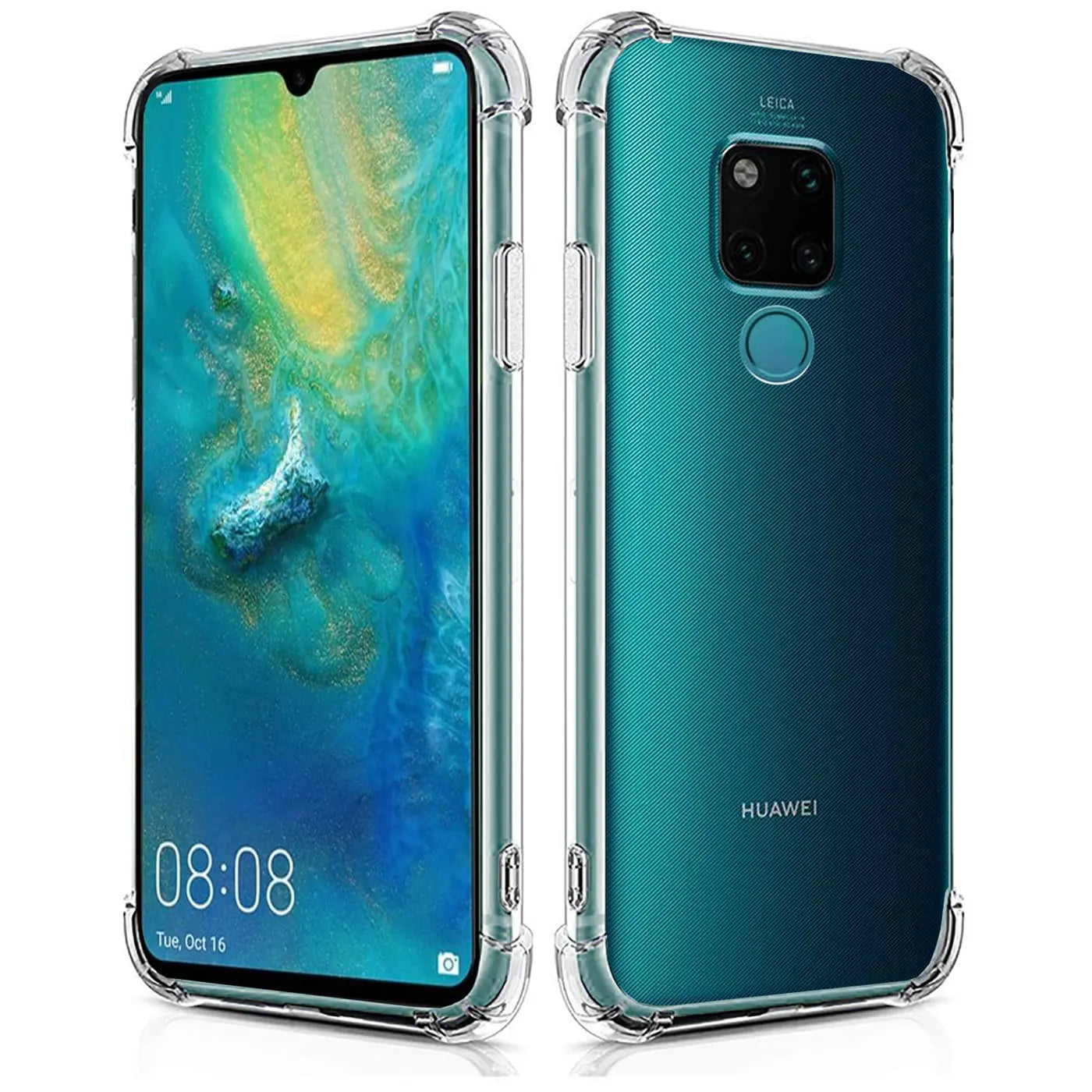 Huawei Mate 20 in klarer Hülle, Vorder- und Rückansicht, transparent, Kunststoff