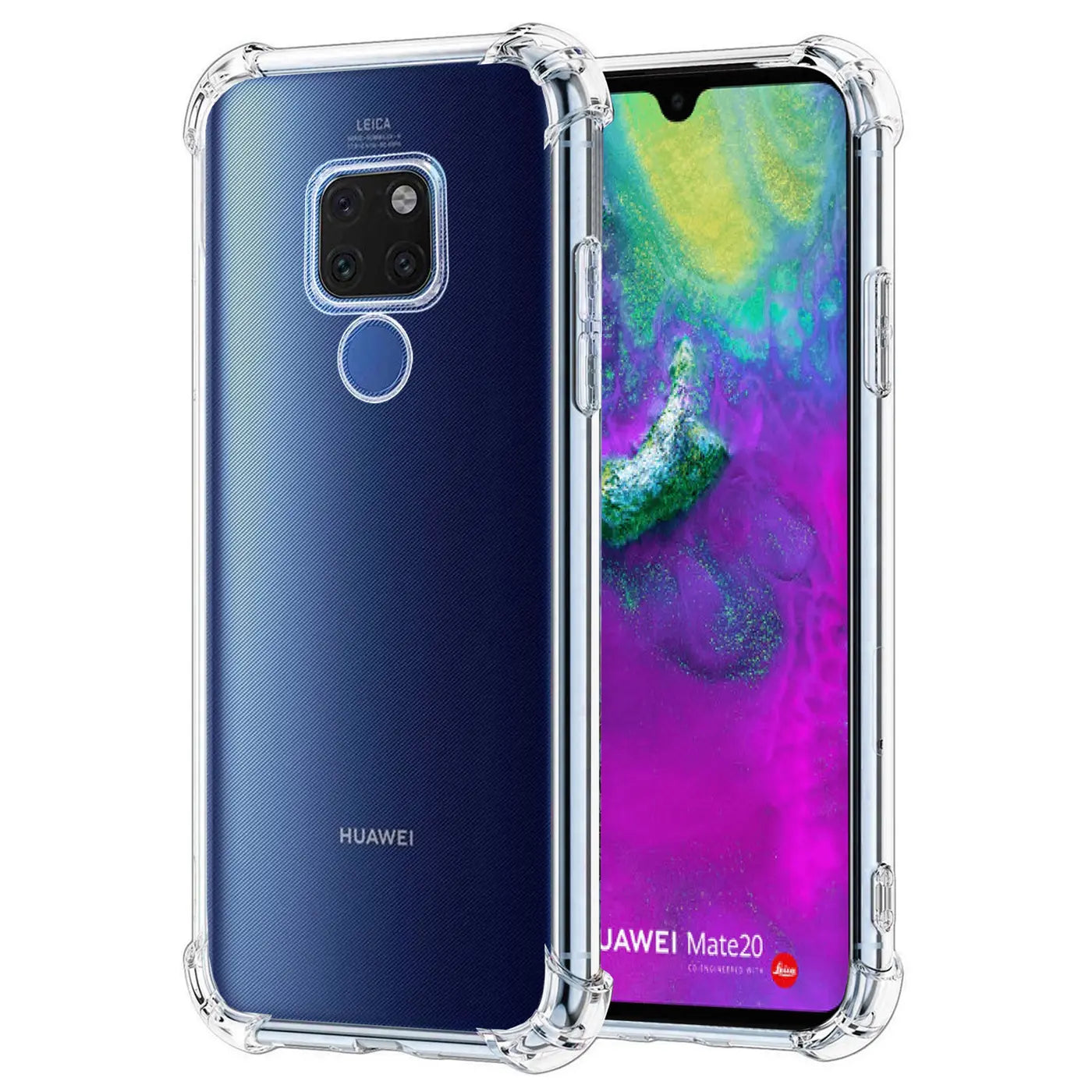 Transparente, stoßfeste Hülle aus Kunststoff um ein Huawei Mate 20. Von vorne und hinten gezeigt.
