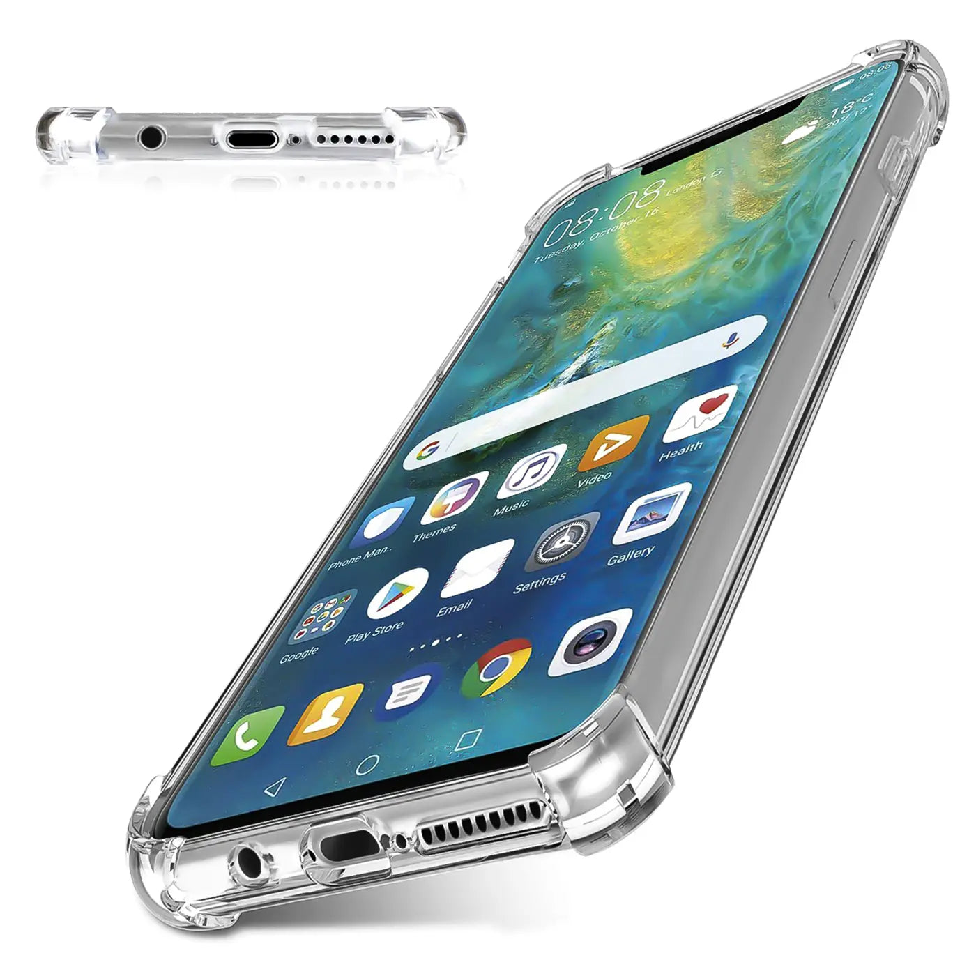 Transparente Hülle aus Kunststoff, schützt Huawei Mate 20. Von schräg unten gezeigt.
