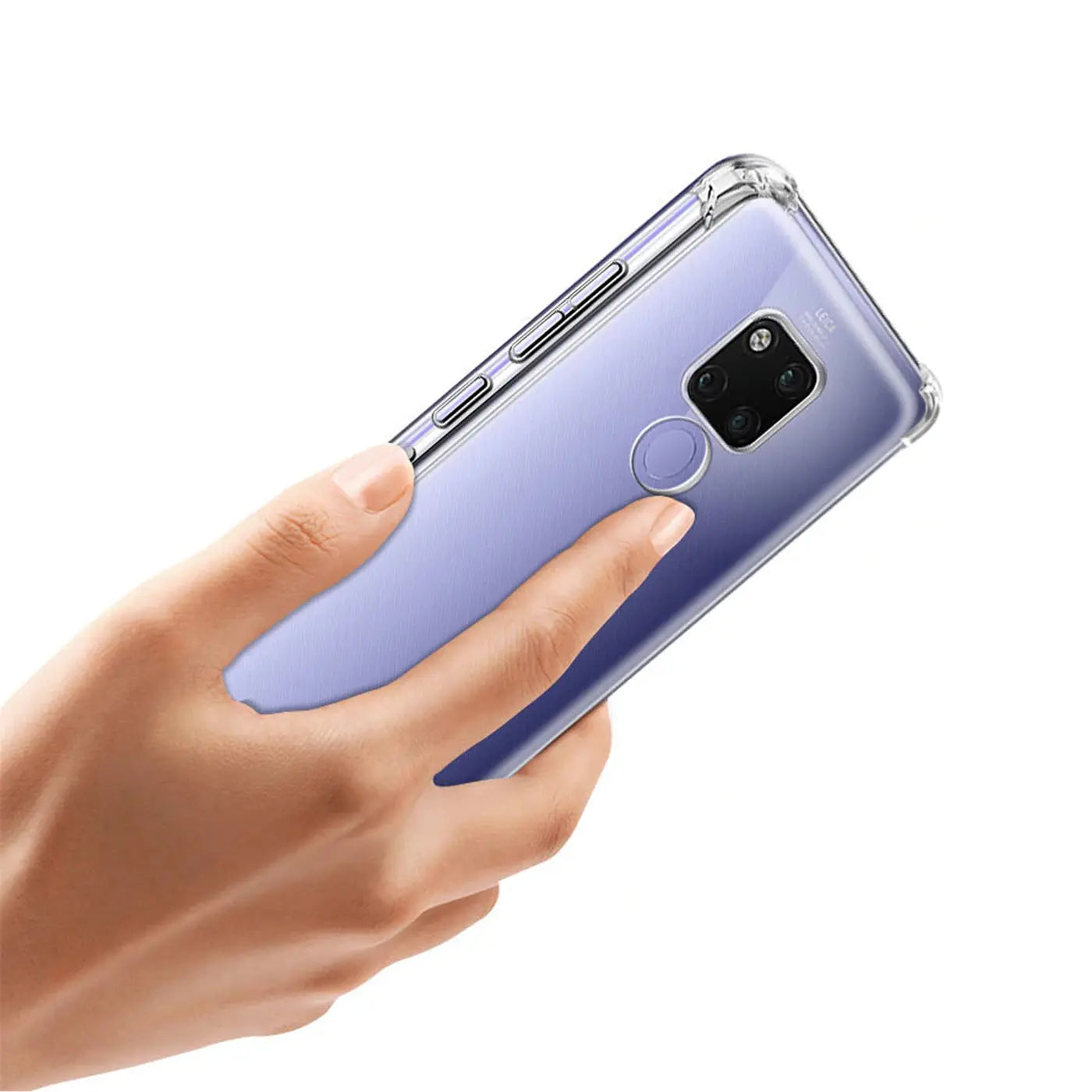 Transparente Hülle aus Kunststoff um ein Huawei Mate 20, von hinten gezeigt, von oben links.