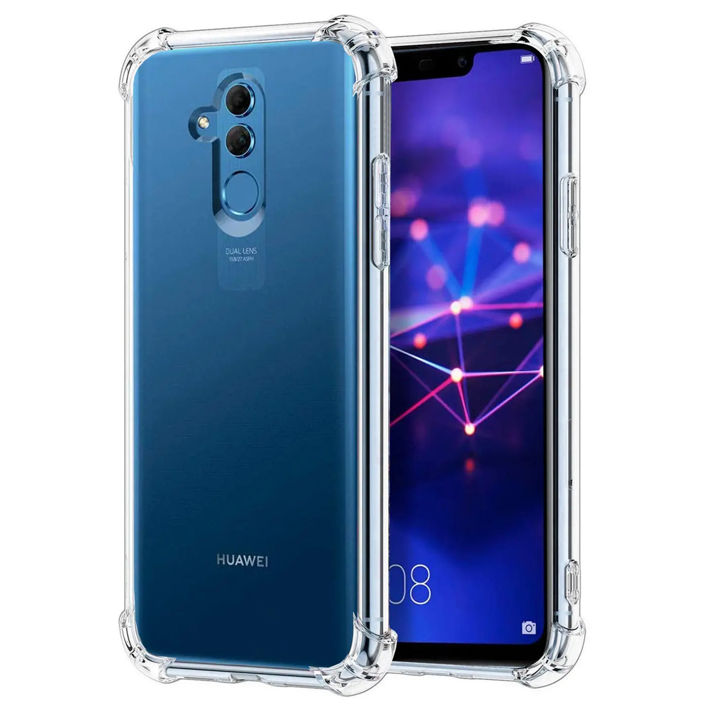 Klar, stoßfeste Hülle aus transparentem Kunststoff für Huawei Mate 20 Lite, von vorne und hinten gezeigt.
