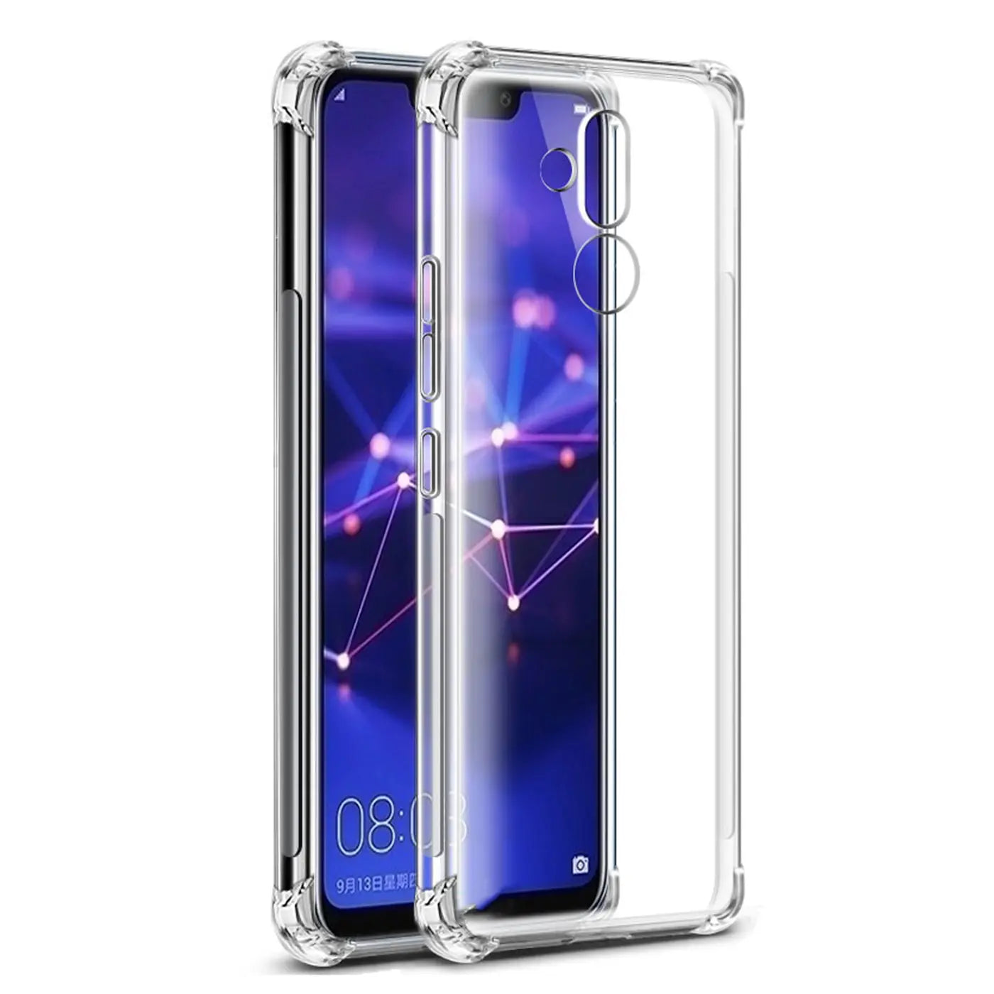 Transparente Silikonhülle mit verstärkten Ecken für Huawei Mate 20 Lite, von vorne leicht schräg