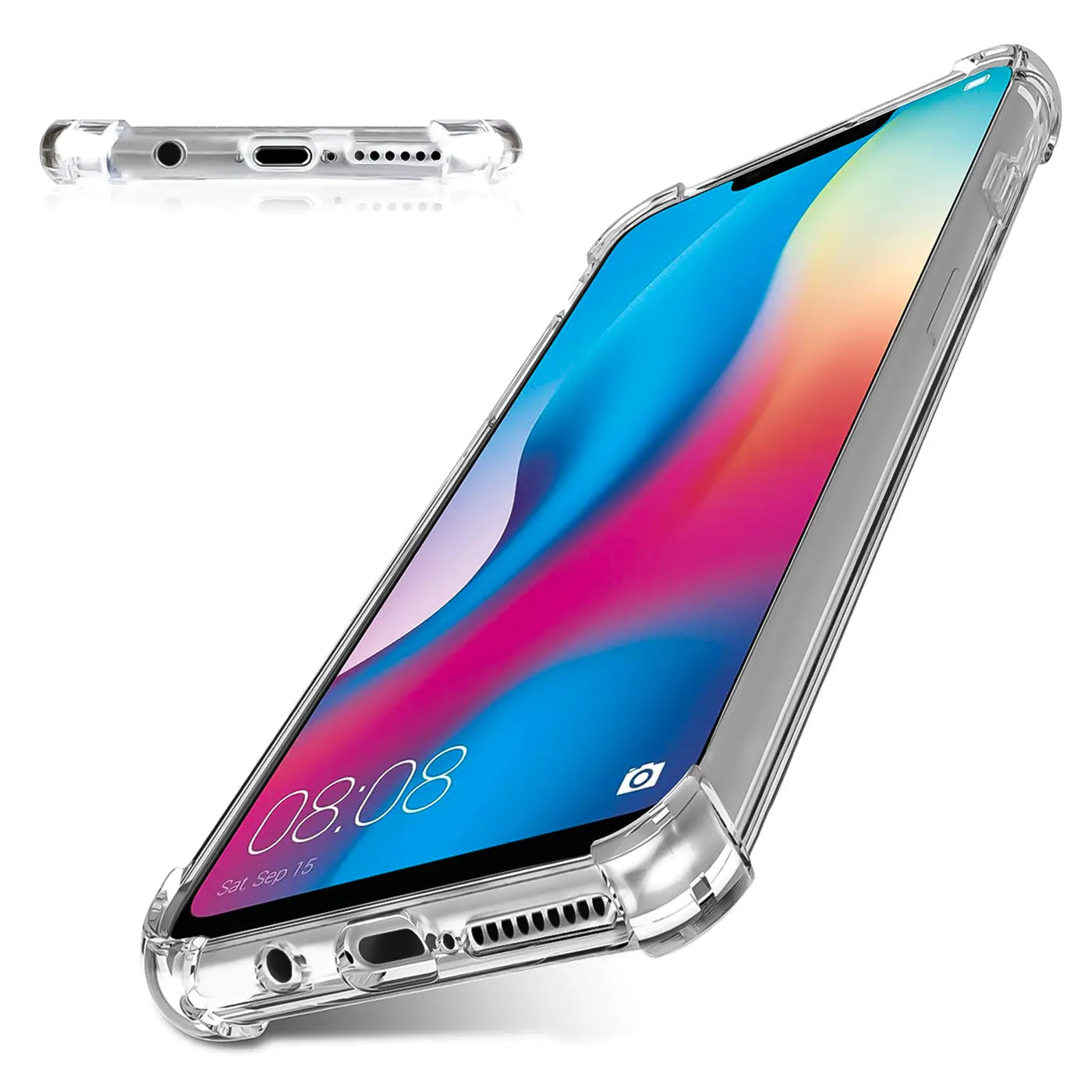 Klar, stoßfeste Hülle aus transparentem Kunststoff für Huawei Mate 20 Lite, von unten/seitlich gesehen.