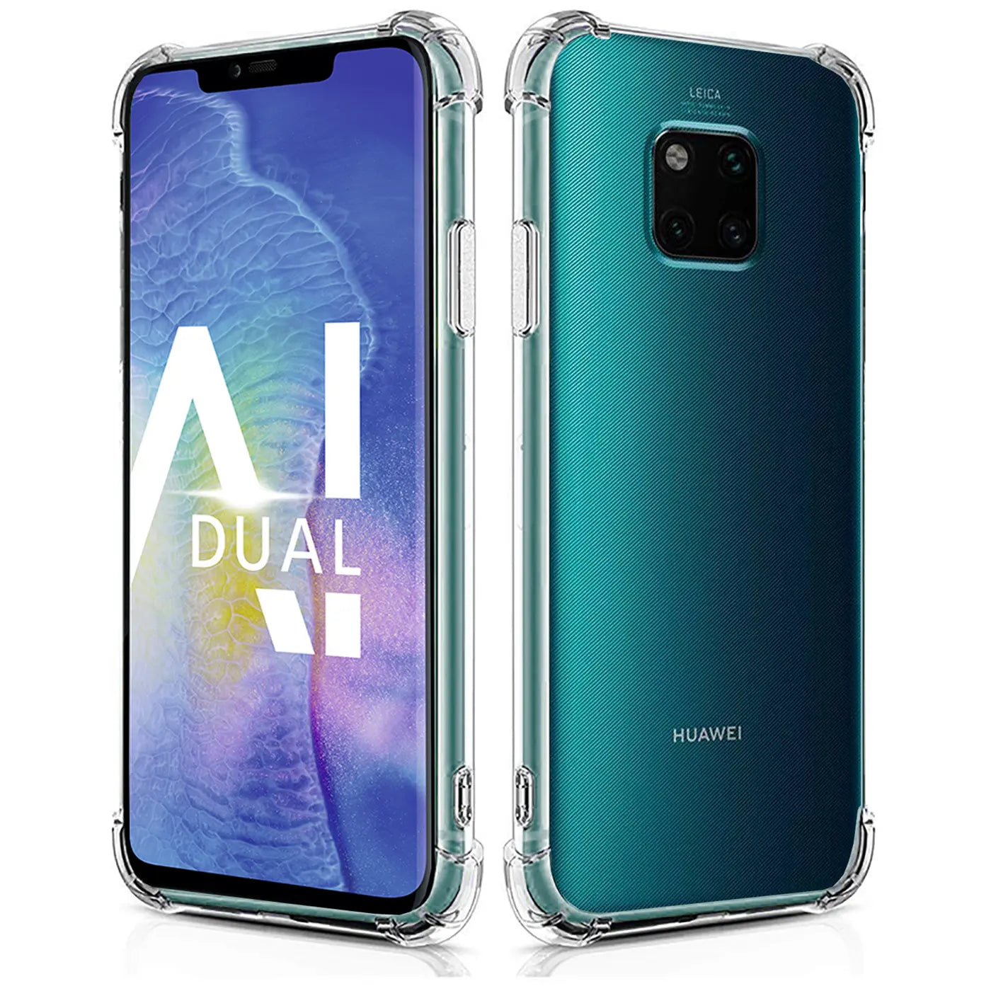 Huawei Mate 20 Pro mit transparenter Hülle, Vorder- und Rückansicht, aus Kunststoff.