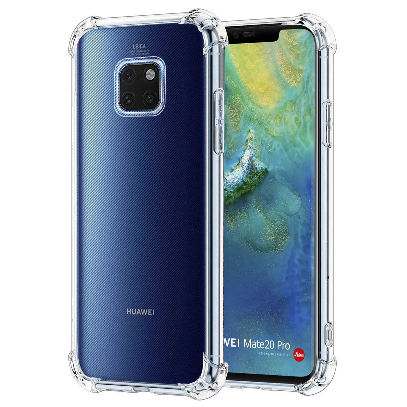 Transparente, stoßfeste Hülle aus Kunststoff, von vorne/seitlich, auf Huawei Mate 20 Pro.