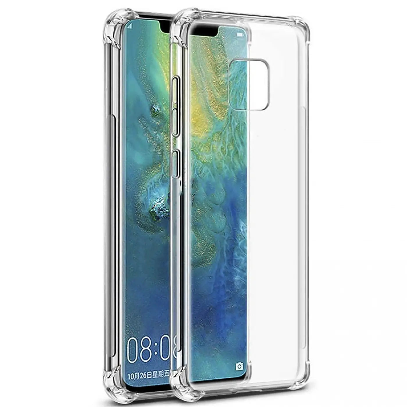 Klar, stoßfeste Hülle aus TPU für Huawei Mate 20 Pro, von vorne, mit verstärkten Ecken.