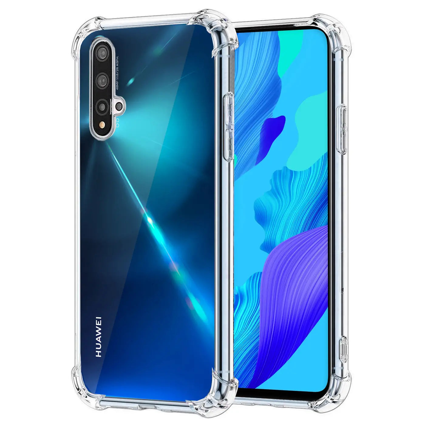 Klar, stoßfeste Hülle aus TPU für Huawei Nova 5T, Vorder- und Rückansicht.