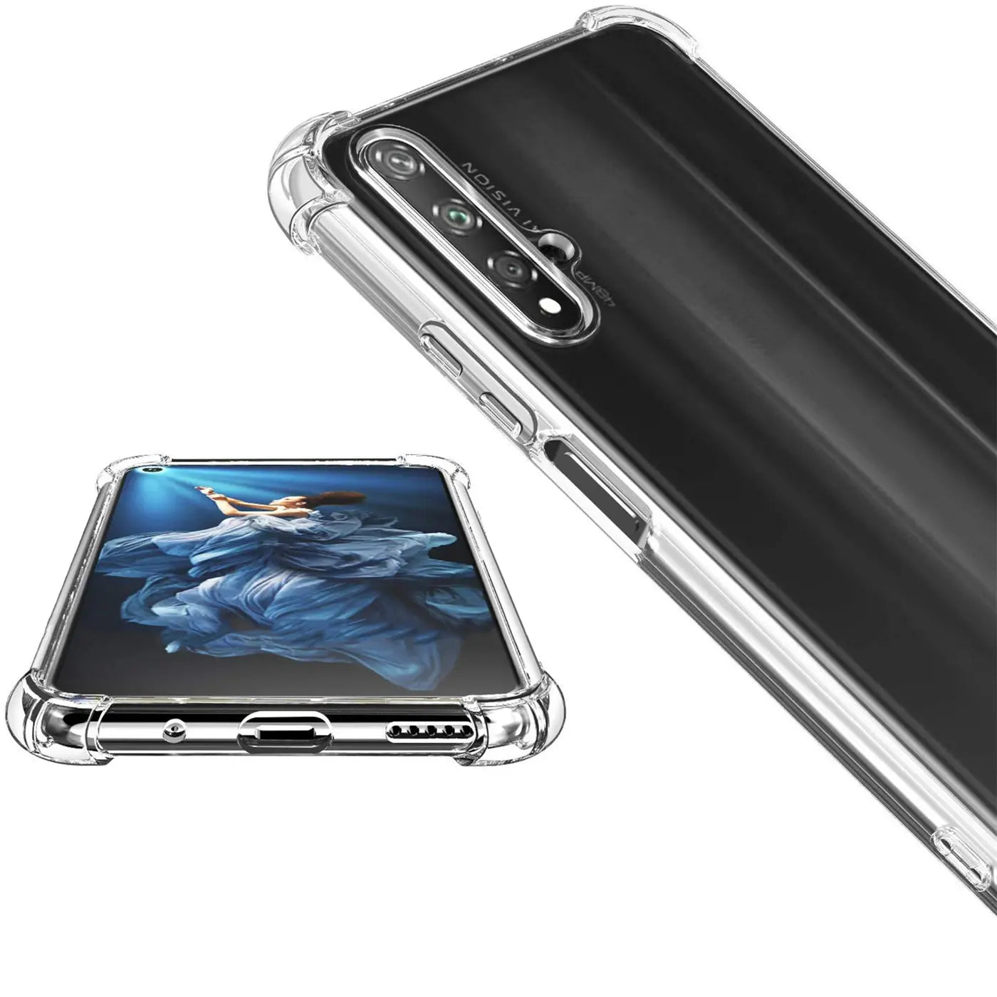 Transparente Silikonhülle mit verstärkten Ecken auf Huawei Nova 5T, Seitenansicht.