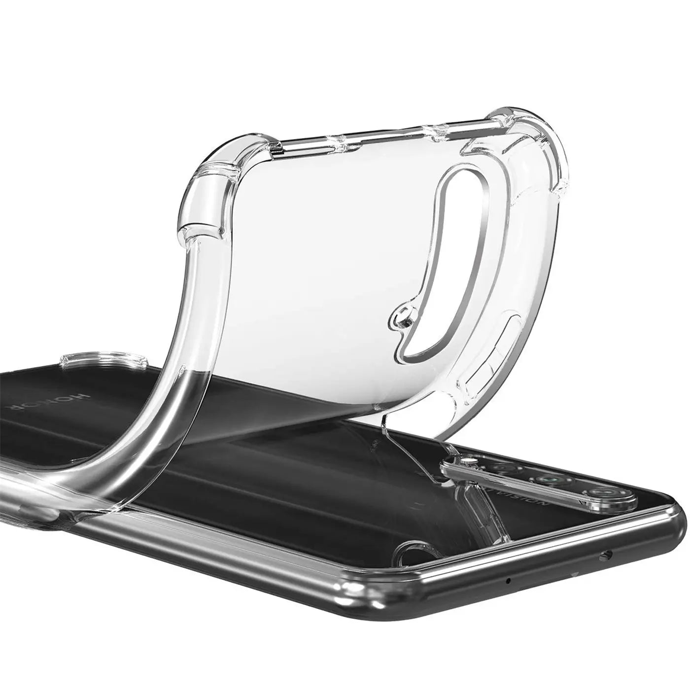 Transparente Silikonhülle, die auf ein Huawei Nova 5T gelegt wird, Seitenansicht.