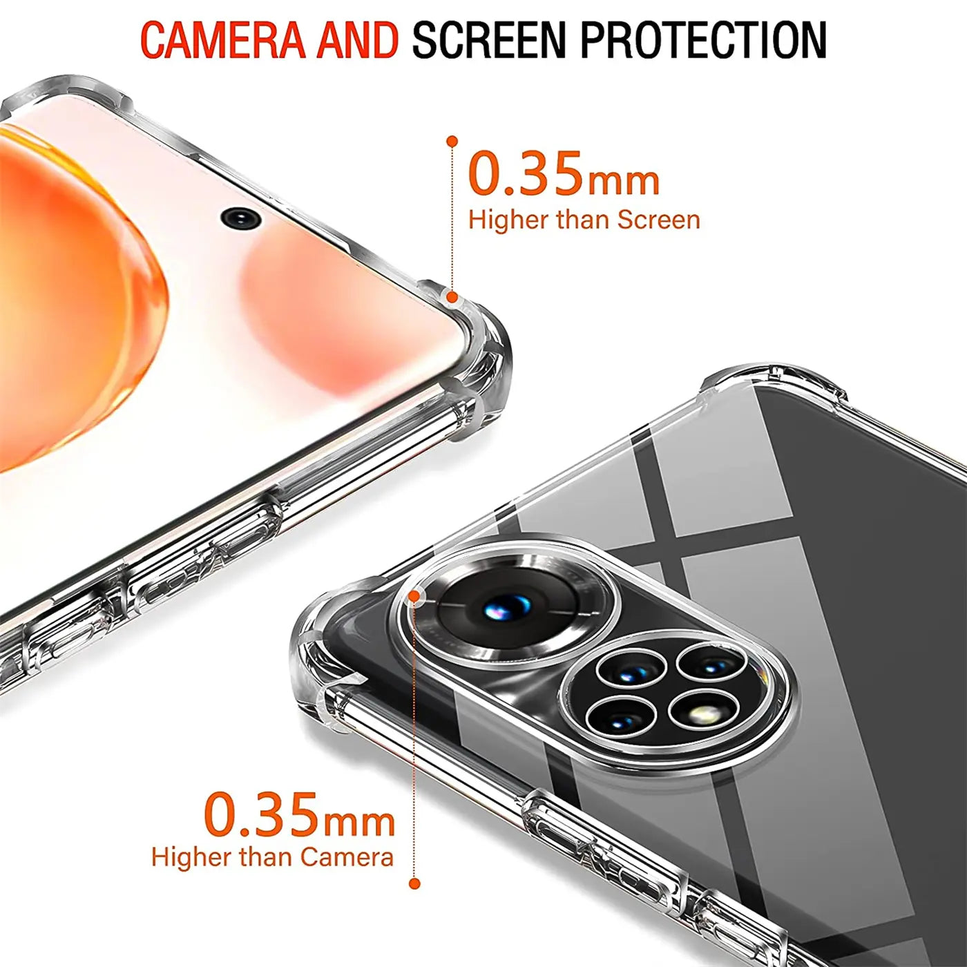 Transparente Hülle aus Kunststoff zeigt Huawei Nova 9 / Honor 50, Nahaufnahme, Schutz für Kamera/Display.