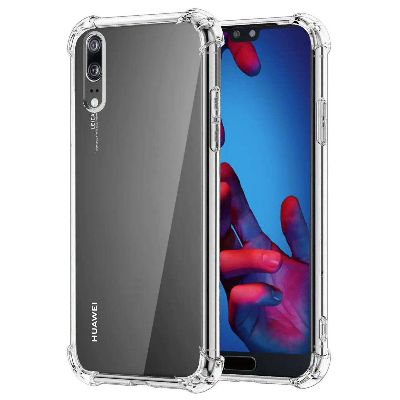 Transparente Hülle aus Kunststoff für Huawei P20, von vorne/seitlich gezeigt.