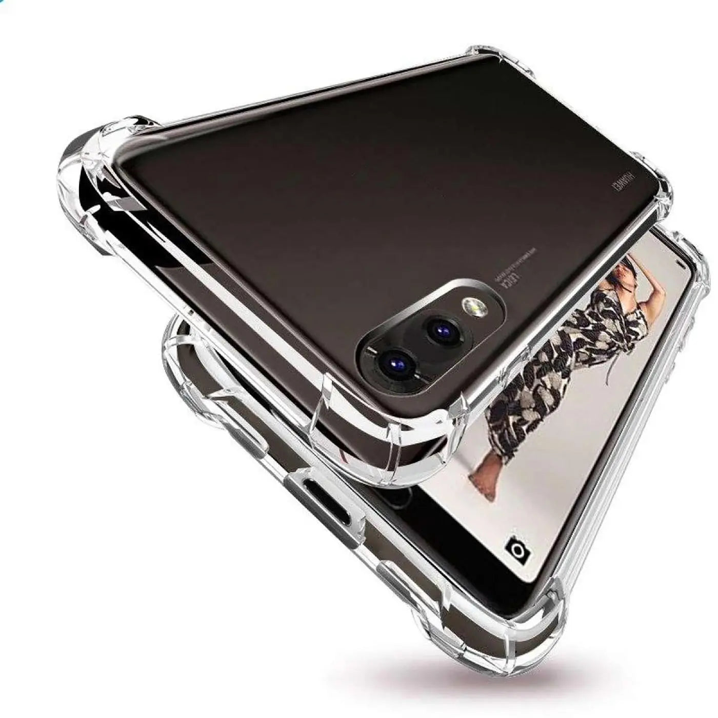 Transparente, stoßfeste Hülle aus Kunststoff für Huawei P20, von schräg oben gesehen.