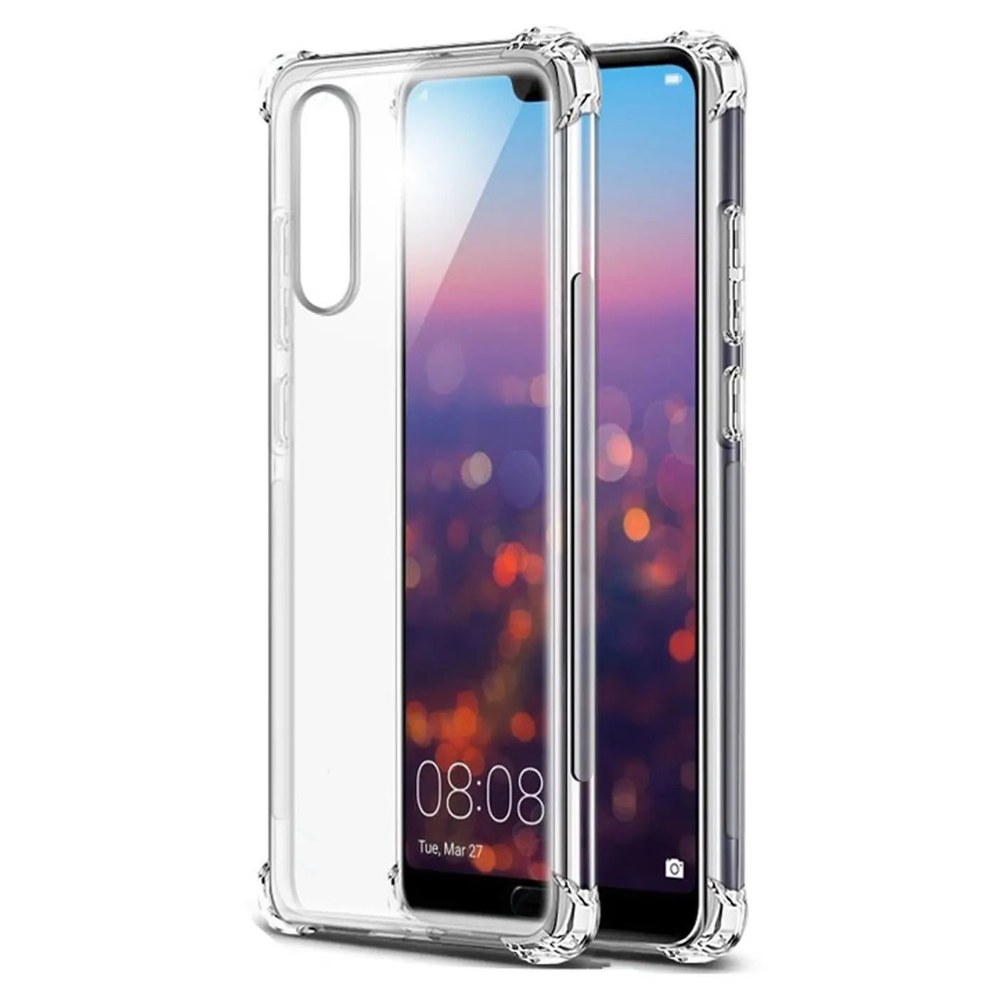 Transparente Silikonhülle mit verstärkten Ecken für Huawei P20, Seitenansicht.
