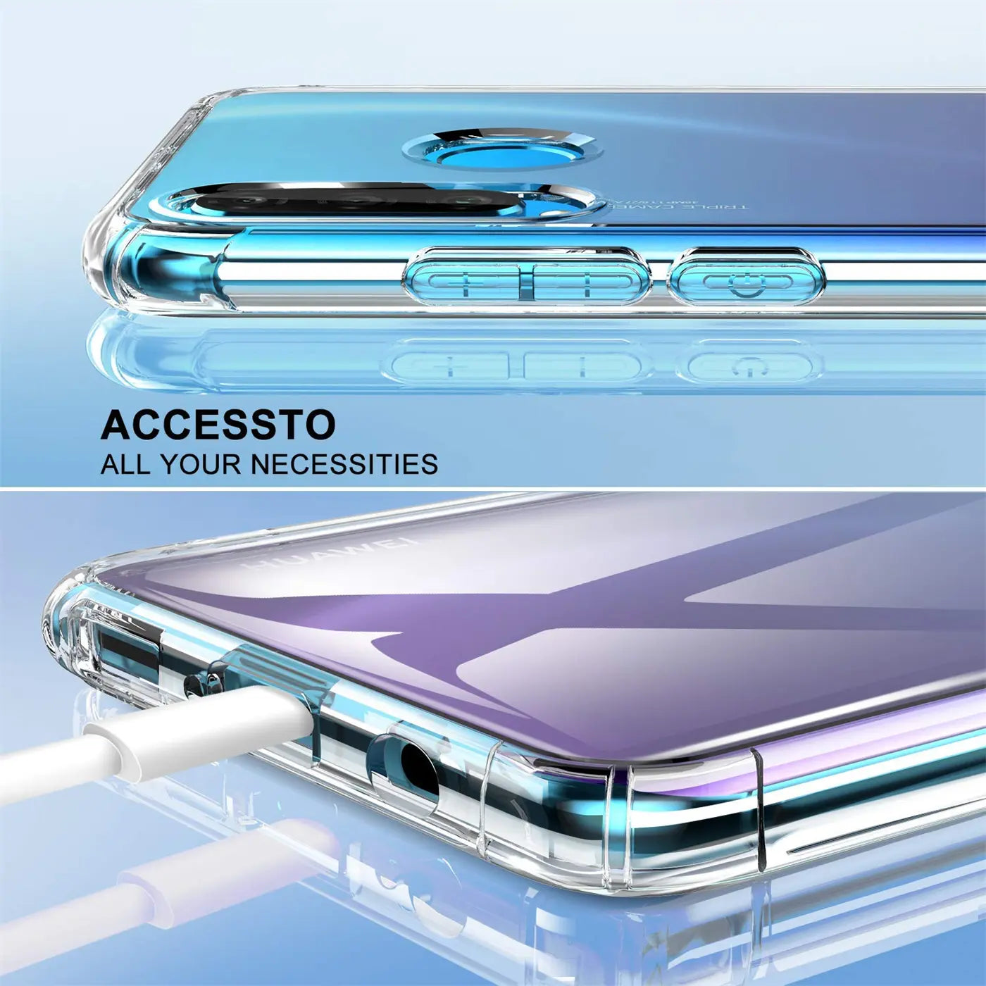 Transparente Hülle aus Kunststoff, Nahaufnahme von Huawei P20 Lite 2019 / Nova 5i, Seitenansicht.