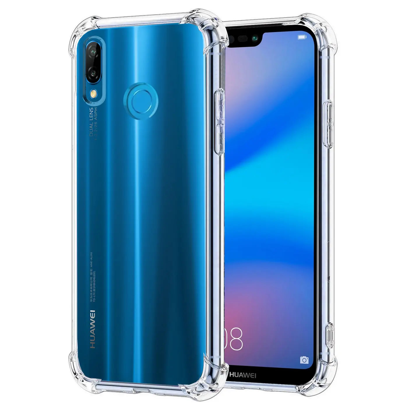 Transparente, stoßfeste Hülle aus Kunststoff um ein blaues Huawei P20 Lite. Von vorne und leicht schräg.