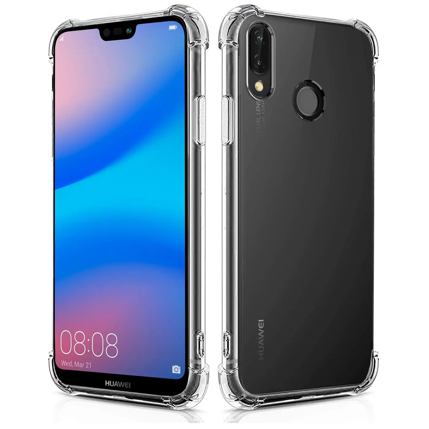 Transparente Silikonhülle mit verstärkten Ecken für Huawei P20 Lite, Vorder- und Rückansicht.