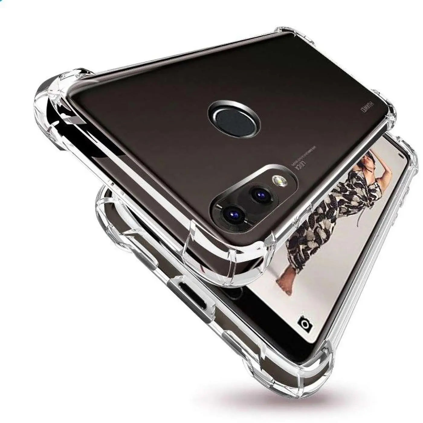 Transparente, stoßfeste Hülle aus Kunststoff für Huawei P20 Lite, von schräg oben fotografiert.
