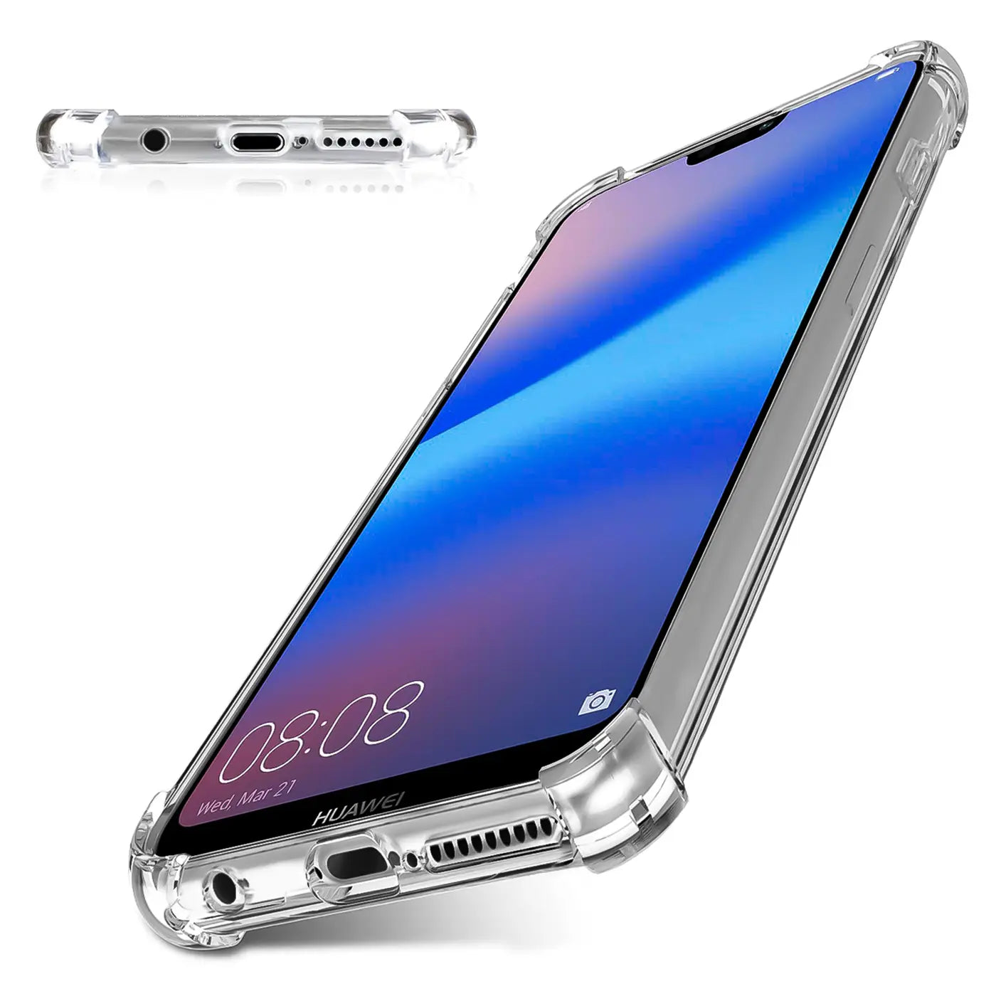 Transparente Silikonhülle mit verstärkten Ecken, schützt Huawei P20 Lite, Seitenansicht.