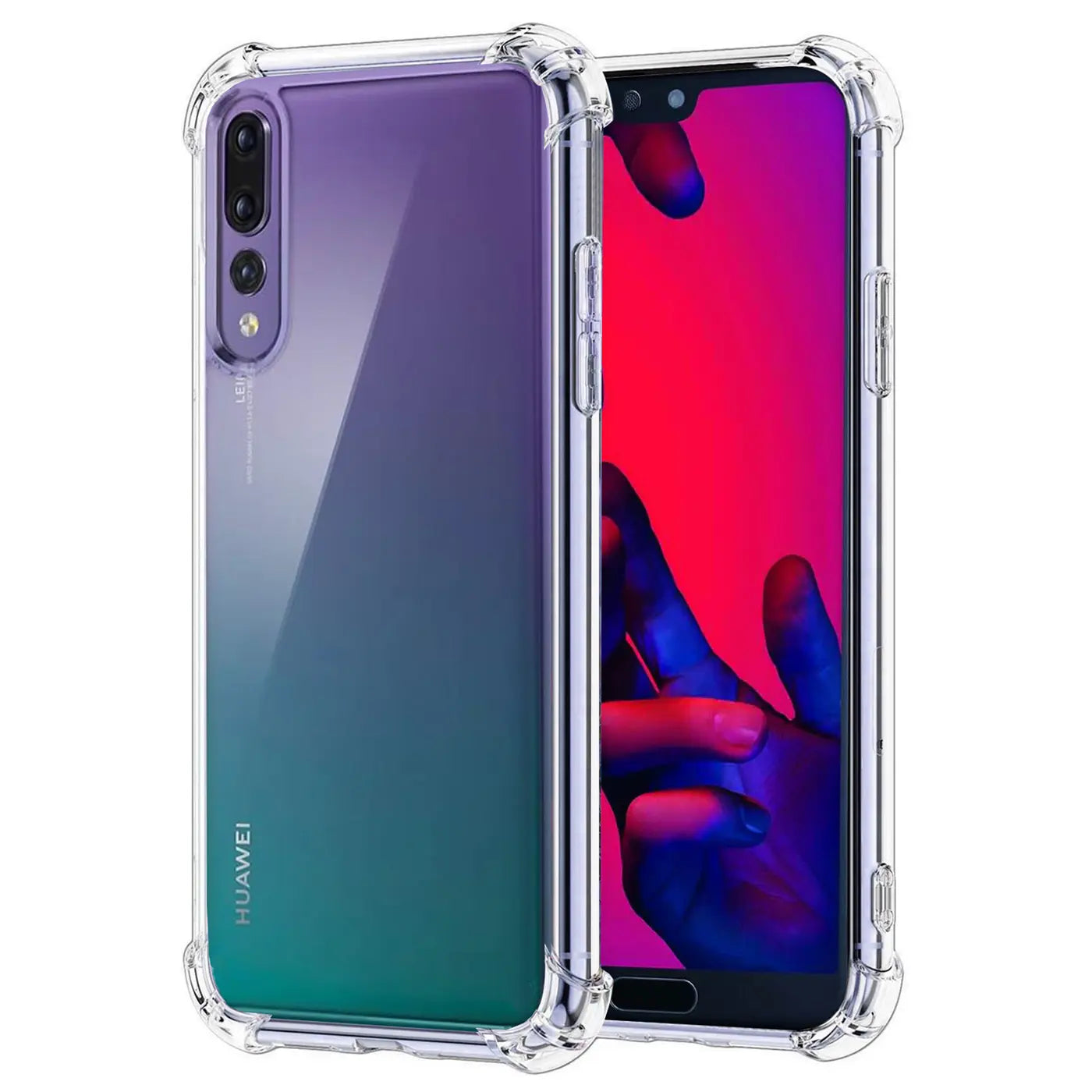 Transparente Hülle aus Kunststoff mit verstärkten Ecken für Huawei P20 Pro, von vorne und hinten gezeigt.