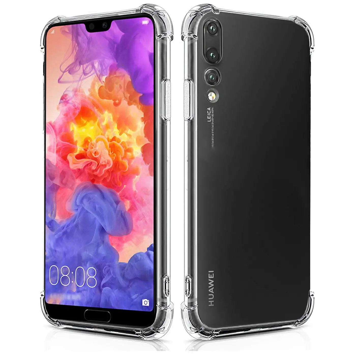 Zwei Ansichten eines Huawei P20 Pro in transparenter Hülle aus Kunststoff. Vorder- und Rückseite.