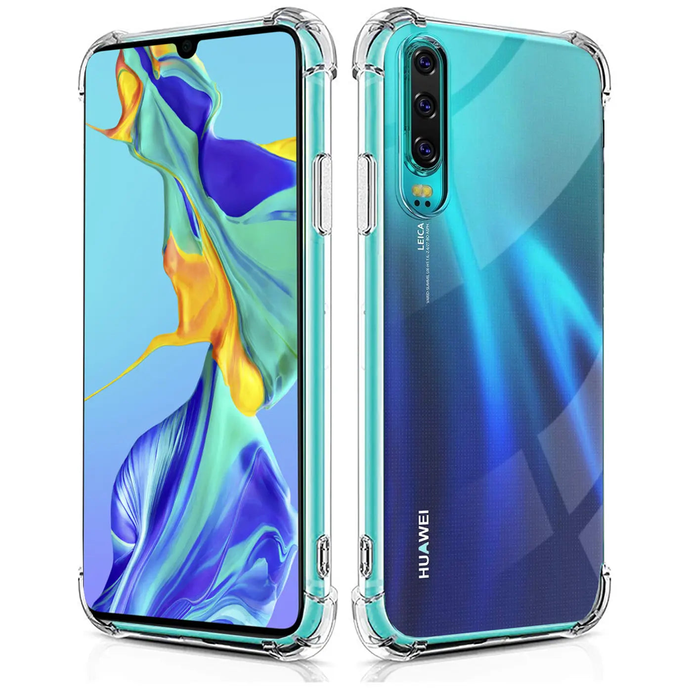 Transparente Hülle aus Kunststoff für Huawei P30, Vorder- und Rückansicht.