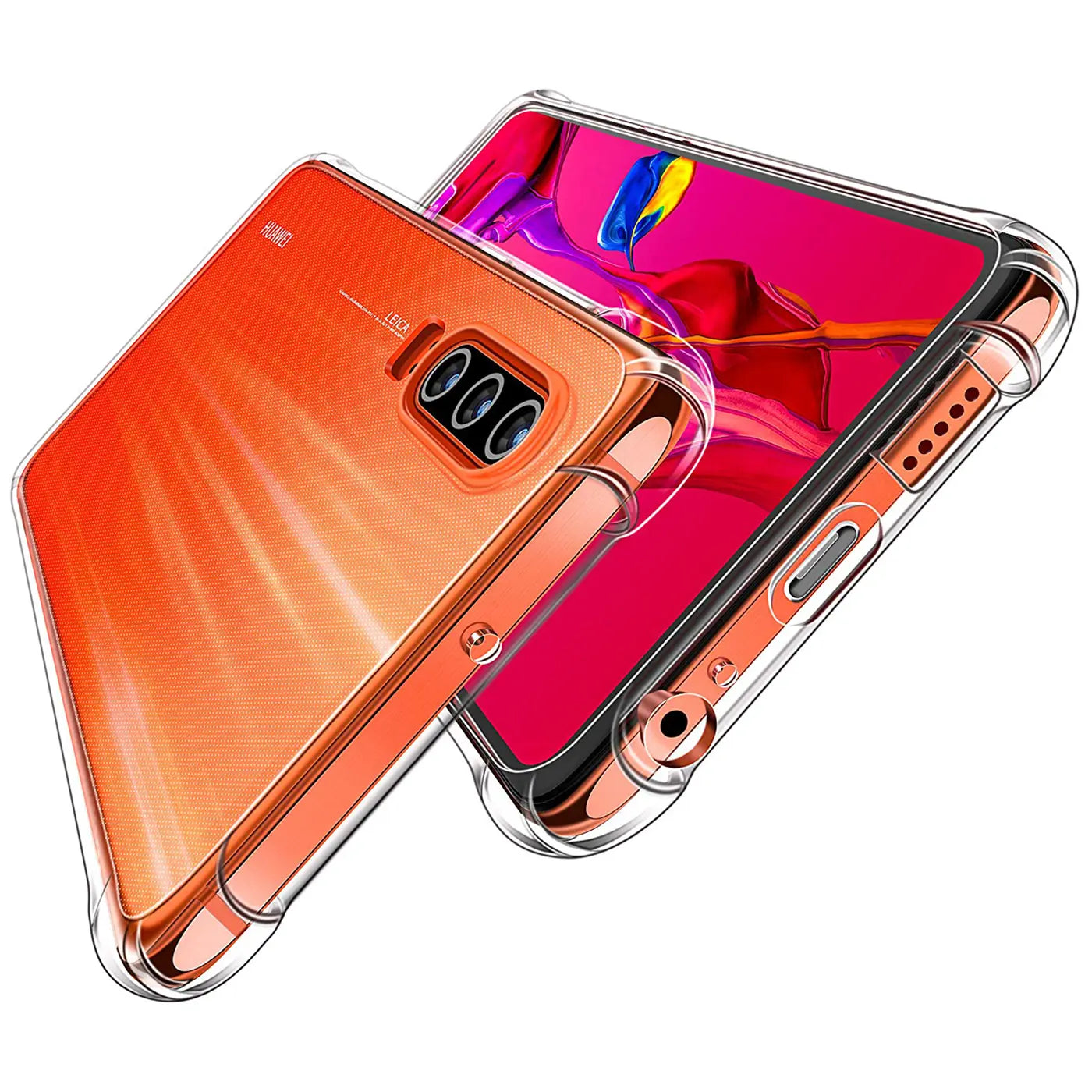 Klarplastik Hülle um orangefarbenes Huawei P30, von schräg oben