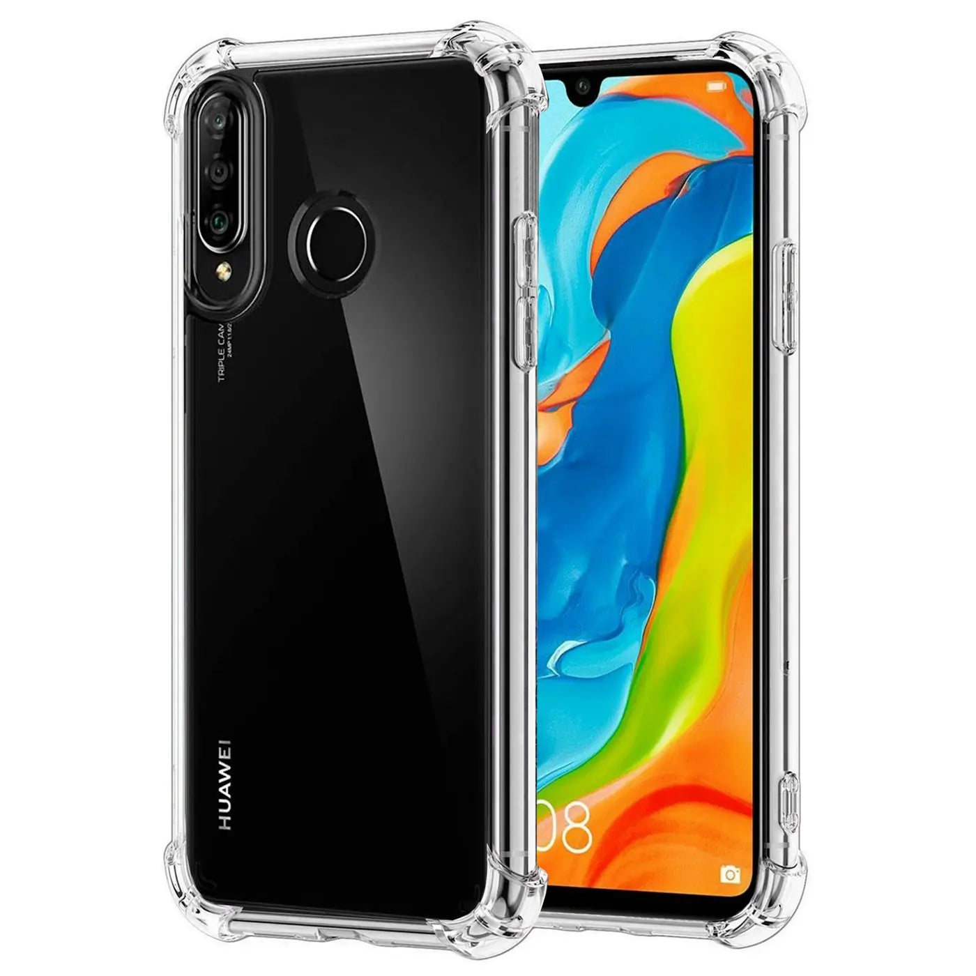 Transparente, stoßfeste Hülle aus Kunststoff für Huawei P30 Lite, Vorder- und Rückansicht.