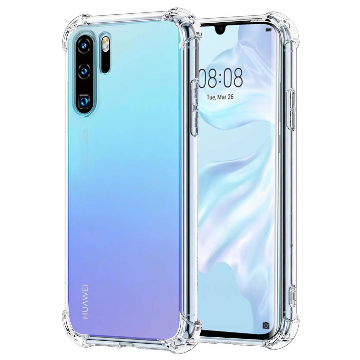 Klar, stoßfeste Hülle aus TPU für Huawei P30 Pro, von vorne und hinten gezeigt.