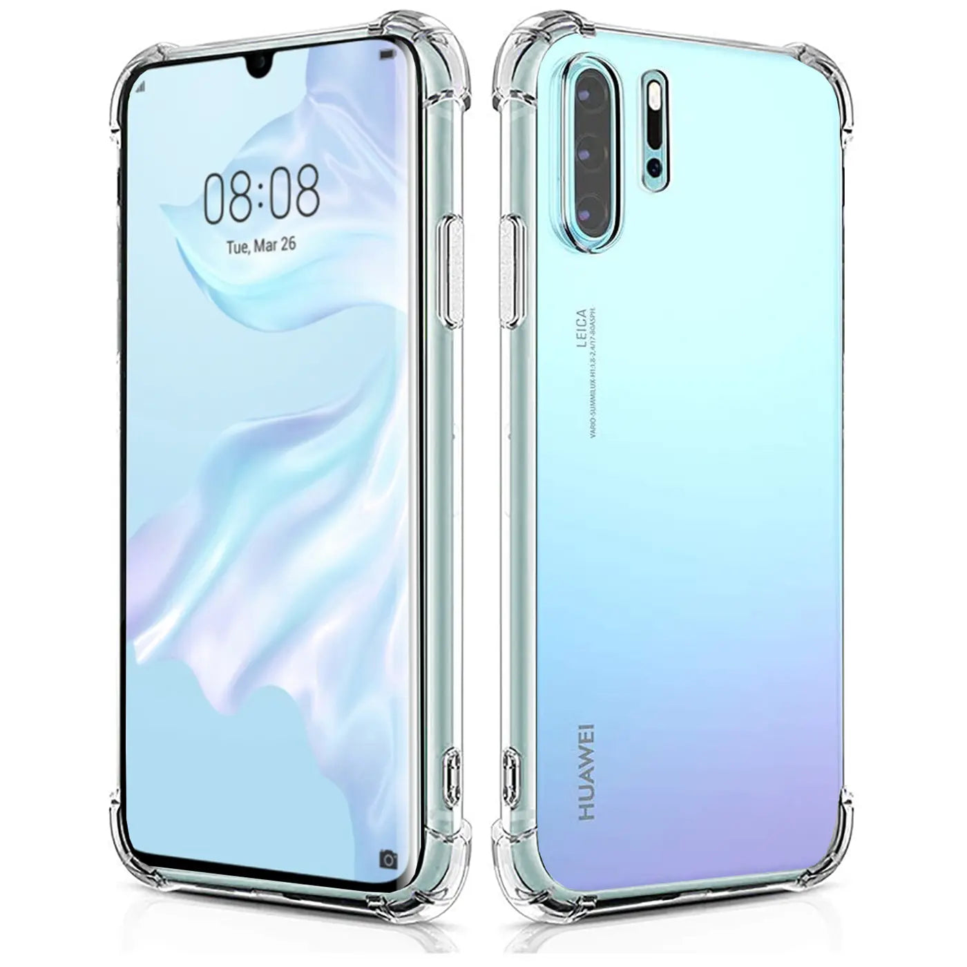 Klar, stoßfeste Hülle aus transparentem Kunststoff für Huawei P30 Pro, Vorder- und Rückansicht.
