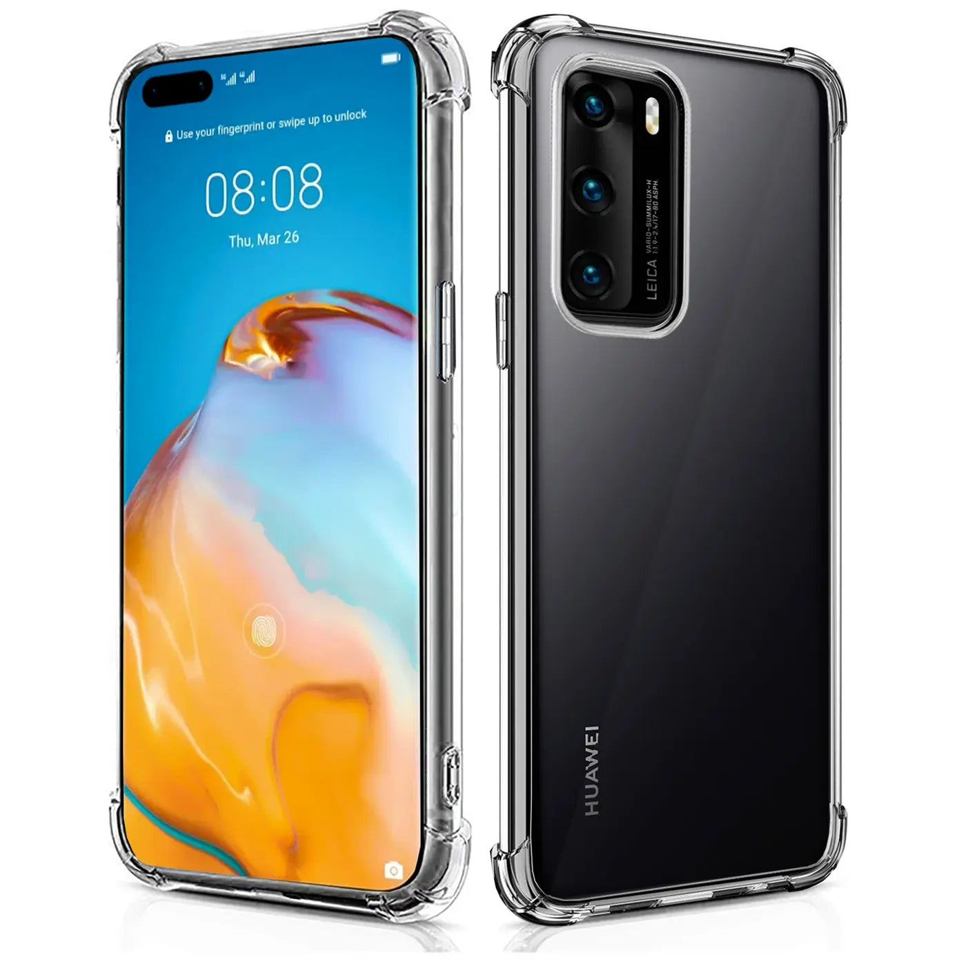 Huawei P40 in klarer, stoßfester Hülle, Vorder- und Rückansicht, aus transparentem Kunststoff.