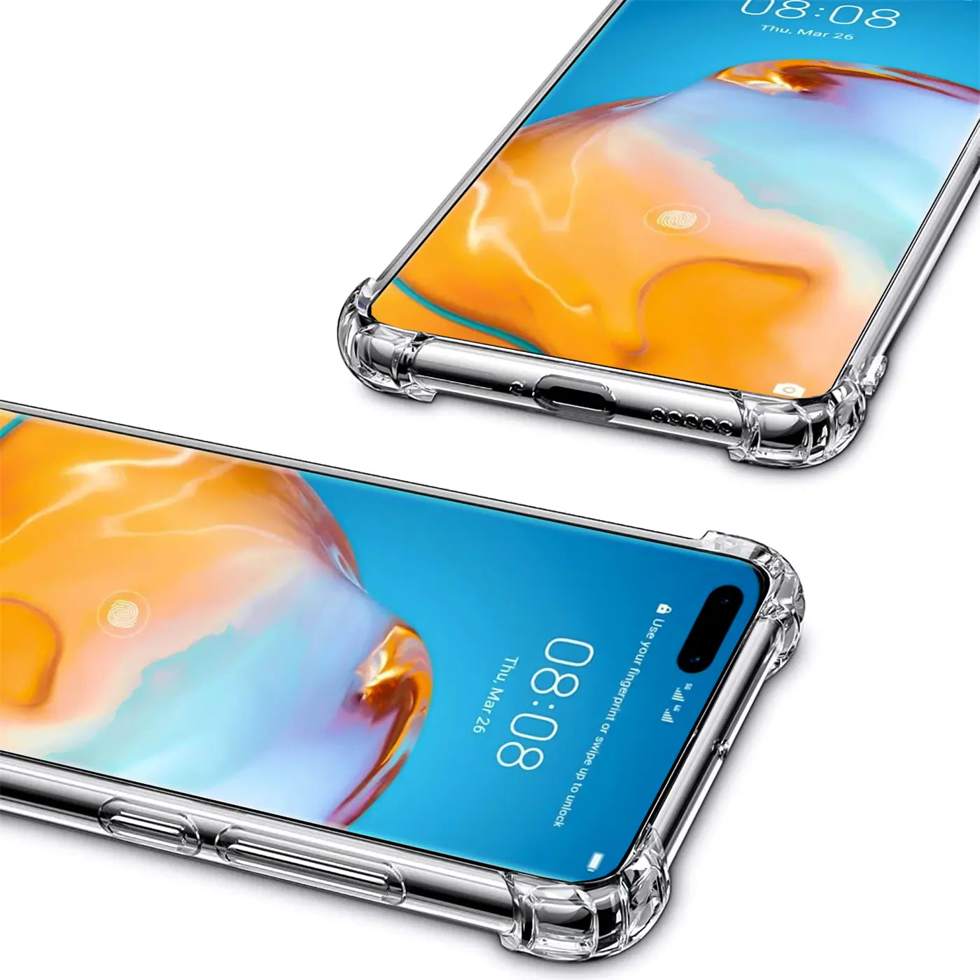 Transparente Hülle aus Kunststoff, von oben schräg fotografiert, zeigt Huawei P40.