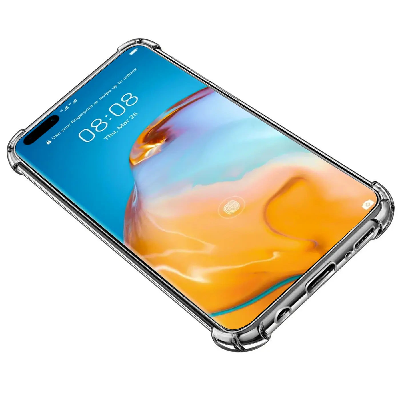 Klar transparente Hülle aus Kunststoff, schützt Huawei P40, von schräg oben fotografiert.